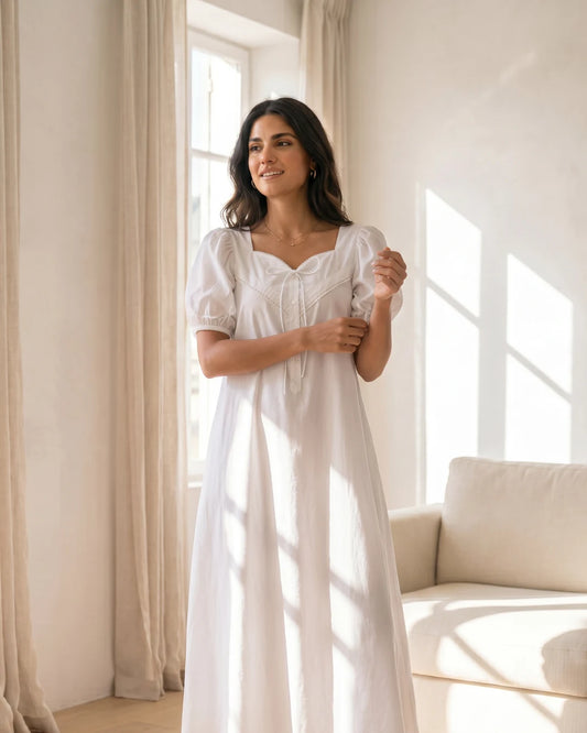 Woman in Duchess of Mayfair Sweetheart Maxi Dress Puffy Sleeve standing in a bright room with large windows.