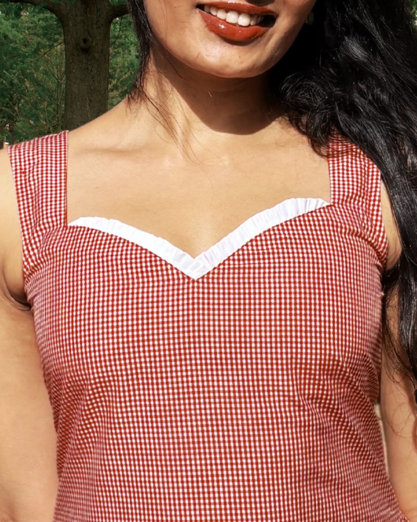 Red Corzelle Gingham Midi Dress Sleeveless Summer closed front view
