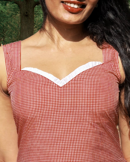 Red Corzelle Gingham Midi Dress Sleeveless Summer closed front view