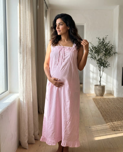 Woman inRose Chateau Pink Midi Dress Tie Front Relaxed Fit standing in a bright room