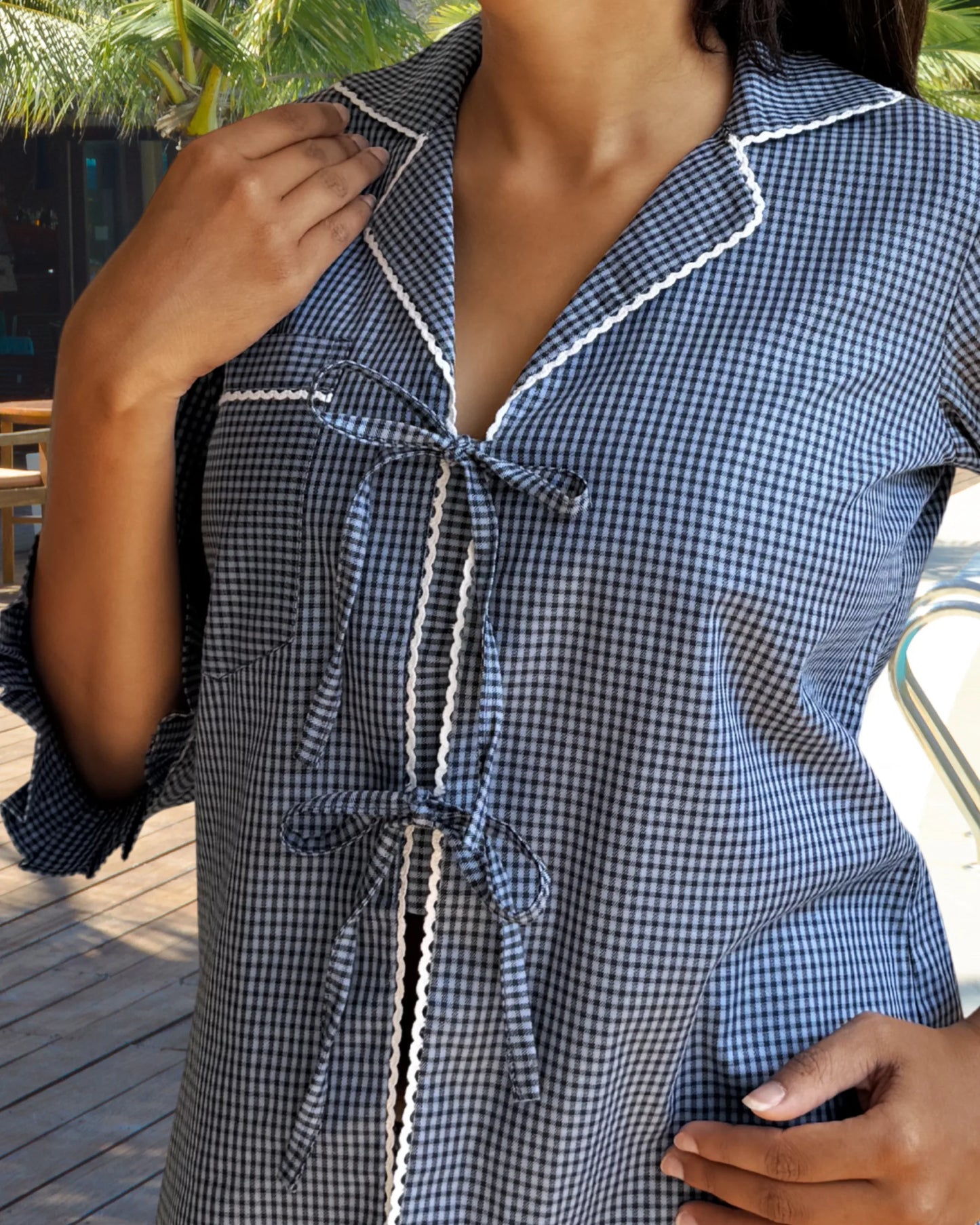 Person wearing Seraphina Tie Front Top Wide Leg Trousers Set closed view